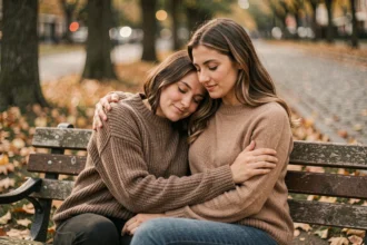 Deux amies se soutenant mutuellement sur un banc en bois dans un parc en automne, moment d'amitié sincère et réconfortante